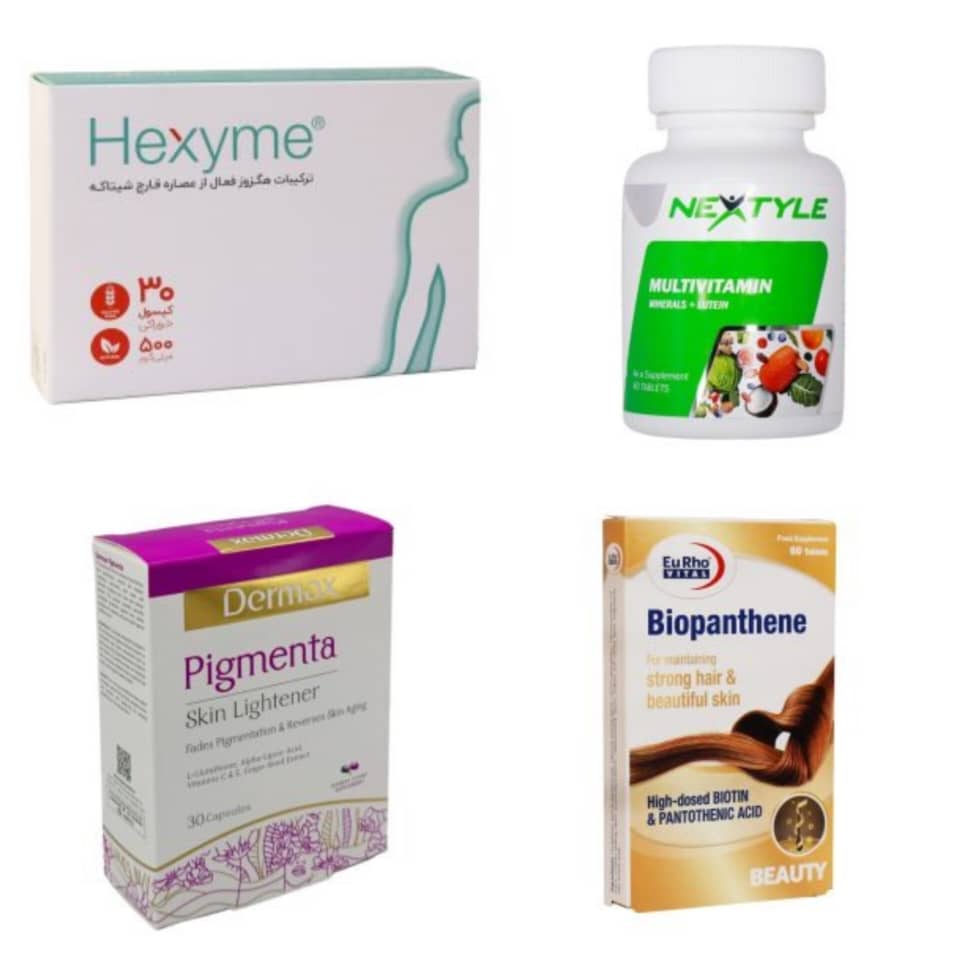 پک کپسول هگزایم 500 اشبال شیمی، پیگمنتا درمکس، مولتی ویتامین مینرال پلاس لوتئین نکستایل و بیوپانتن یوروویتال